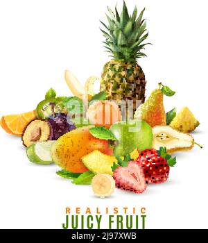 Frutta fresca matura succosa e frutti di bosco con pera di fragola di ananas banana mela arancio mango pesca kiwi susina su sfondo bianco illus vettoriale realistico Illustrazione Vettoriale