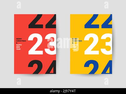 Concept creativo del poster di felice anno nuovo 2023. Modelli di disegno con logo tipografico 2023. Poster in due colori: Nero, rosso e giallo, blu. Illustrazione Vettoriale