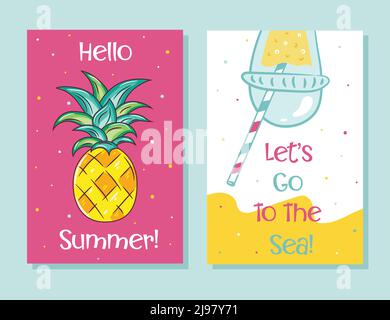 Set vettoriale di carte estive luminose con ananas. Illustrazione Vettoriale