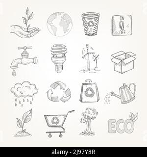 Doodles rifiuti riciclaggio globale conservazione ecologia icone impostare vettore isolato illustrazione Illustrazione Vettoriale