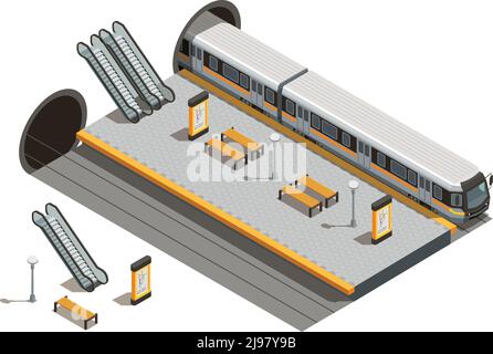 Composizione isometrica dei trasporti pubblici della città con scale mobili della stazione metropolitana e banchi con illustrazione vettoriale del materiale rotabile sotterraneo Illustrazione Vettoriale