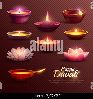 Diwali icone celebrazione insieme con lampade a olio bruciante di vari forma su sfondo trasparente immagine vettoriale isolata Illustrazione Vettoriale