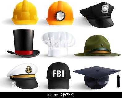 Set di cappelli per diverse professioni con cilindro per casco magister lo chef fbi e il capo della polizia uniforme isolato vettore illustrazione Illustrazione Vettoriale