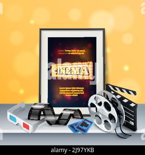 Sfondo cinematografico con 3d Glasses pellicola striscia retro bobina clapboard due biglietti e frame su superficie grigia illustrazione vettoriale realistica Illustrazione Vettoriale