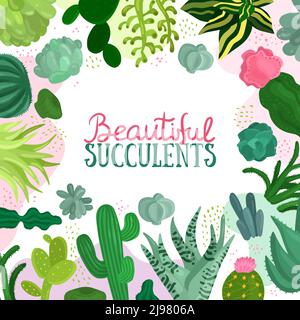 Succulents cornice decorativa con diversi tipi di cactus vettore piatto illustrazione Illustrazione Vettoriale