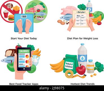 Dieta per perdita di peso 2x2 concetto di progettazione con dieta più calda trend e miglior tracking alimentare app cartoni animati composizioni illustrazione vettoriale Illustrazione Vettoriale