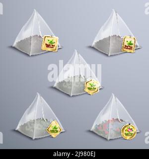 Set realistico di sacchetti piramidali di tè con verde nero bianco rosso varietà di erbe di tè isolato vettore illustrazione Illustrazione Vettoriale