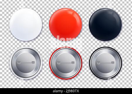 Tre diverse icone trasparenti di badge mockup in stile realistico immagine vettoriale dei colori rosso bianco e nero Illustrazione Vettoriale