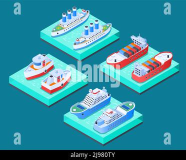 Progettazione isometrica delle navi con navi da carico, imbarcazioni da crociera, yacht, barche da traino, sfondo turchese illustrazione vettoriale isolata Illustrazione Vettoriale