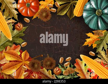 Giorno di ringraziamento composizione colorata con cornice realizzata con prodotti diversi e lascia un'illustrazione vettoriale Illustrazione Vettoriale