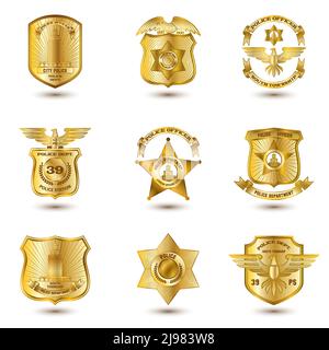 Polizia comunale città polizia forze dell'ordine badge oro set isolato illustrazione vettoriale Illustrazione Vettoriale