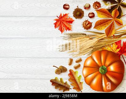 Giornata del Ringraziamento elegante composizione con colori autunnali e diverse zucche impostare su immagine vettoriale su sfondo bianco Illustrazione Vettoriale