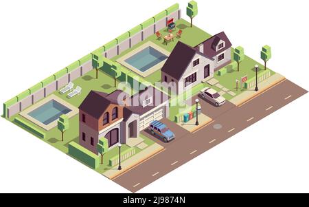 Edifici suburbani composizione isometrica con vista esterna di due quartieri aree con ville e cantieri residenziali illustrazione vettoriale Illustrazione Vettoriale