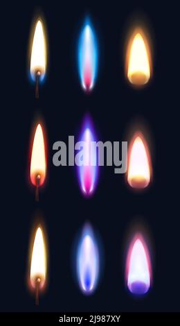 Fiamme realistiche di varie forme e colori di accendini di fiammiferi e candele sfondo scuro isolato illustrazione vettoriale Illustrazione Vettoriale