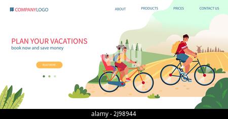 Goditi il modello di landing page in bicicletta e in viaggio. Panorama paesaggio estivo con felice famiglia a cavallo biciclette illustrazione vettoriale. Modello per browser e telefono cellulare con spazio per il testo. Illustrazione Vettoriale