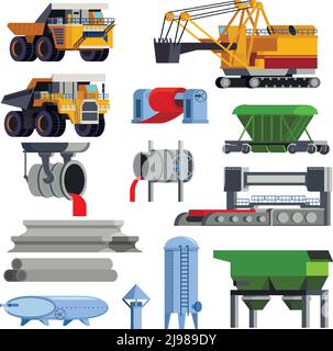 Produzione di acciaio isolato e piatto metallurgia insieme di icone con funzionamento macchine e contenitori per il trasporto illustrazione vettoriale Illustrazione Vettoriale