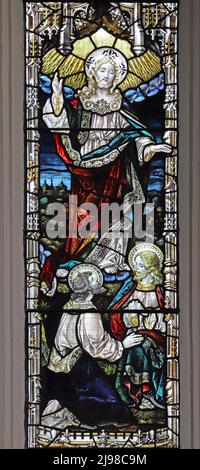 Una vetrata di Percy Bacon & Brothers raffigurante l'aspetto di Gesù sulla strada per Emmaus, Maids Moreton Church, Buckinghamshire Foto Stock