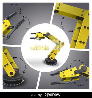 Composizione industriale futuristica realistica con bracci robotici meccanici industriali gialli e manipolatori illustrazione vettoriale Illustrazione Vettoriale