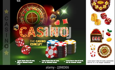 Concetto realistico del casino con i dadi del poker che giocano i vestiti di carta roulette monete d'oro slot machine ciliegia limone illustrazione vettore Illustrazione Vettoriale