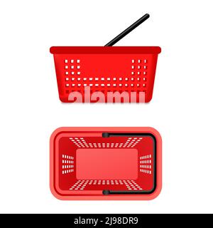 Set di 2 viste realistiche isolate del supermercato rosso i cestelli della spesa anteriori e superiori sono vuoti senza prodotti illustrazione vettoriale Illustrazione Vettoriale