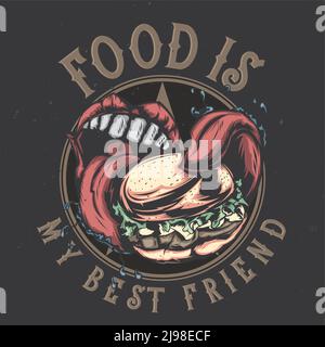 T-shirt o poster con illustrazione di grande bocca mangiare hamburger grande Illustrazione Vettoriale