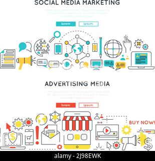 Banner lineari orizzontali per il marketing digitale con social media e Internet pubblicità immagine vettoriale isolata Illustrazione Vettoriale