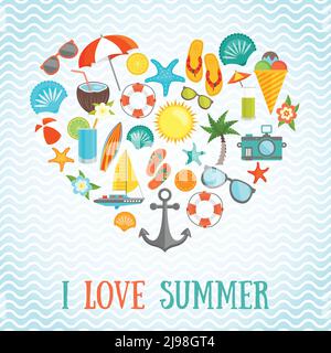 Estate poster colorato con titolo amo l'estate e l'icona ambientato sul tema marino situato a forma di cuore illustrazione vettoriale Illustrazione Vettoriale
