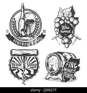 Insieme di elementi di vinificazione (barile, uva, bottiglia, ecc.) emblemi, etichette, distintivi, logo. Isolato su bianco Illustrazione Vettoriale