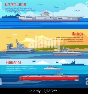 Bandiera orizzontale della flotta militare con guerra navale marina di combattimento e. illustrazione vettoriale delle navi da battaglia Illustrazione Vettoriale