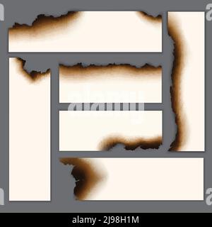 Fogli di carta bianca bruciati realistici con carta danneggiata bruciata illustrazione vettoriale con bordi isolati Illustrazione Vettoriale