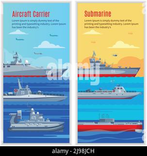 Navi militari bandiere verticali con battelli navali di diverso illustrazione dei tipi e dei vettori di costruzione Illustrazione Vettoriale