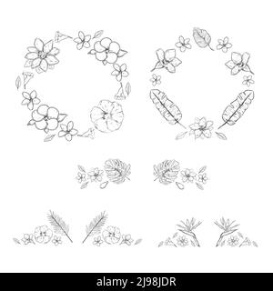 Bozzetto collezione di piante esotiche floreali monocromatiche con wreathes e decorazioni di fiori e piante isolato vettore illustrazione Illustrazione Vettoriale