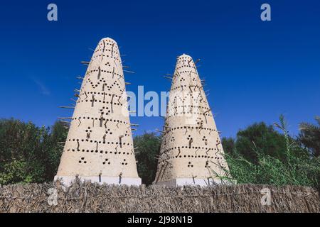 Vista della Torre del Pigeon Gemello Bianco presso l'Oasi di Siwa tra la depressione di Qattara e il Grande Mare di sabbia nel deserto Occidentale, Egitto Foto Stock
