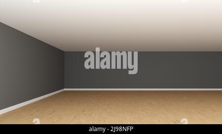 Camera vuota angolo interno senza mobili, vista frontale. Camera con pareti in grigio scuro, soffitto bianco, parquet in legno e pietra bianca Foto Stock
