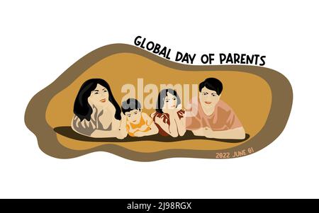 Happy Global Day dei genitori illustrazione vettoriale. Design, banner o scheda del giorno dei genitori del mondo concettuale. Felice famiglia asiatica flat vettoriale design Illustrazione Vettoriale