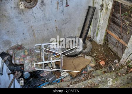 Luogo perduto, Halle, Lager, verlassen, aufgelassen, Tür, Fenster, Efeu, wachsen, verwildert, Schutt, Müll, Fenster, Fensterscheiben, Schmutzig, gebroche Foto Stock