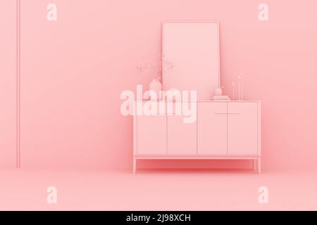 Interni rosa con armadio a incasso, cornice, accessori. Scena monocromatica in stile piatto, rendering 3D. Foto Stock