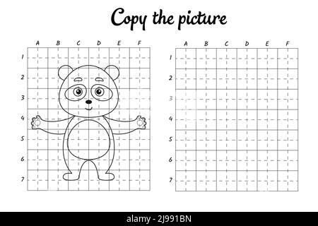 Consente di copiare la foto. Disegna per griglia. Colorare pagine di libri per bambini. Pratica di scrittura, addestramento di abilità di disegno. Foglio di lavoro stampabile per lo sviluppo dell'istruzione. Illustrazione Vettoriale