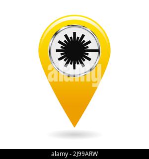 Puntatore della mappa. Simbolo di sicurezza. Indice delle zone con radiazione laser. E specificare le coordinate sul terreno della mappa. Design industriale. Oggetto giallo Illustrazione Vettoriale