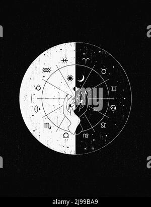 Il concetto di arte esoterica, le mani della strega o del mago mostrano i trucchi occulti con i segni celesti. Illustrazione divisa, giorno vs notte, i simboli di sole e luna all'interno Foto Stock