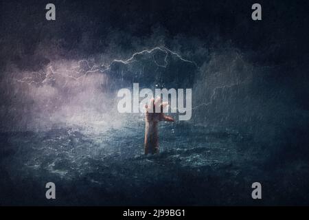 Pittura surreale di un uomo che annegava in mare, sollevando la mano sott'acqua. Scena drammatica di persona che affonda nell'oceano sotto una tempesta di uragano Foto Stock