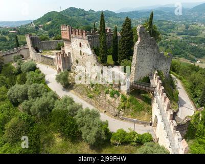 Marostica-Castello superiore panoramica aerea dall'alto Foto Stock