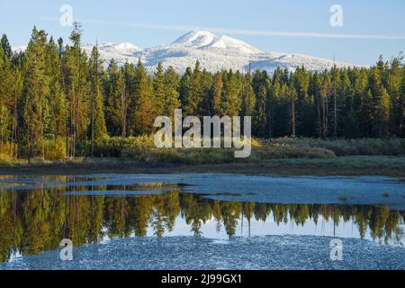 Sawtell Peak innevato e riflessi nel laghetto alce, autunno, Island Park, Fremont County, Idaho, USA Foto Stock