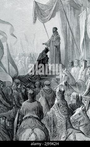 La didascalia del 1906 recita: “LUIGI VII. RICEVERE LA CROCE DA SAN BERNARDO. — Questo santo monaco era il grande predicatore che ha usato l'Europa per la seconda crociata. Egli era, come lo vediamo qui, un uomo quasi a nulla indossato dai suoi digiuno e dalle sue austerity. Così irresistibile, però, era la sua eloquenza che le donne gli nascose i loro mariti, per non perderli tutti come monaci o crociati. Luigi VII di Francia abbandonò il suo regno per disordine e miseria, come fece anche l'imperatore di Germania, per dirigere la crociata al comando di Bernardo”. Luigi VII (1120-1180), chiamato il giovane, fu re del F. Foto Stock