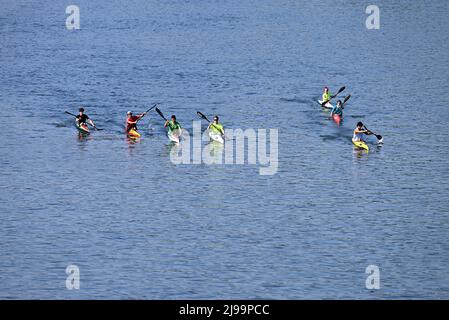 Torino, Italia. 21st maggio 2022. Gente kayak a Torino, Italia, il 21 maggio 2022. Molte regioni in Italia, tra cui Torino, hanno raggiunto i 30 gradi centigradi sabato. Credit: Alberto Lingria/Xinhua/Alamy Live News Foto Stock