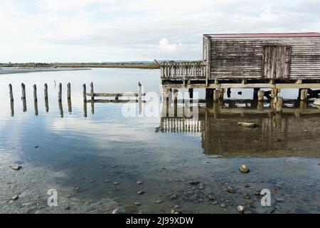 Vecchio molo di legno e capannone sulla laguna nella piccola città di Okarito, Westland, Nuova Zelanda. Foto Stock