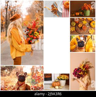 Collage autunnale con giovane donna, carino bulldog francese, decorazione floreale e spazio per il testo Foto Stock