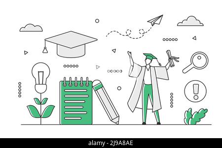 Laurea universitaria di successo. Completamento dello studio e diploma vettore monocolore illustrazione Illustrazione Vettoriale