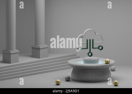 Belle illustrazioni astratte Cloud simbolo icona su una fontana e sfondo colonna. 3d illustrazione del rendering. SEO e Business. Foto Stock