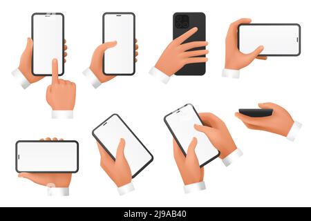 3d mani di uomo d'affari tenere il telefono cellulare con vuoto schermo set illustrazione vettoriale. Le braccia utilizzano smartphone con diverse posizioni, scorrimento, scorrimento, sfioramento, dispositivo touch con il dito isolato su bianco Illustrazione Vettoriale